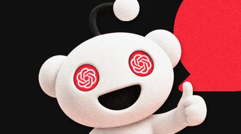editorial image of Reddit Snoo mascot with OpenAI logo in eyes
