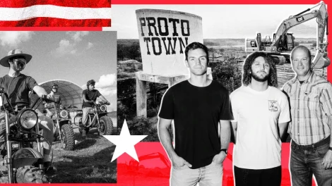 editorial collage Proto Town Texas startup commune